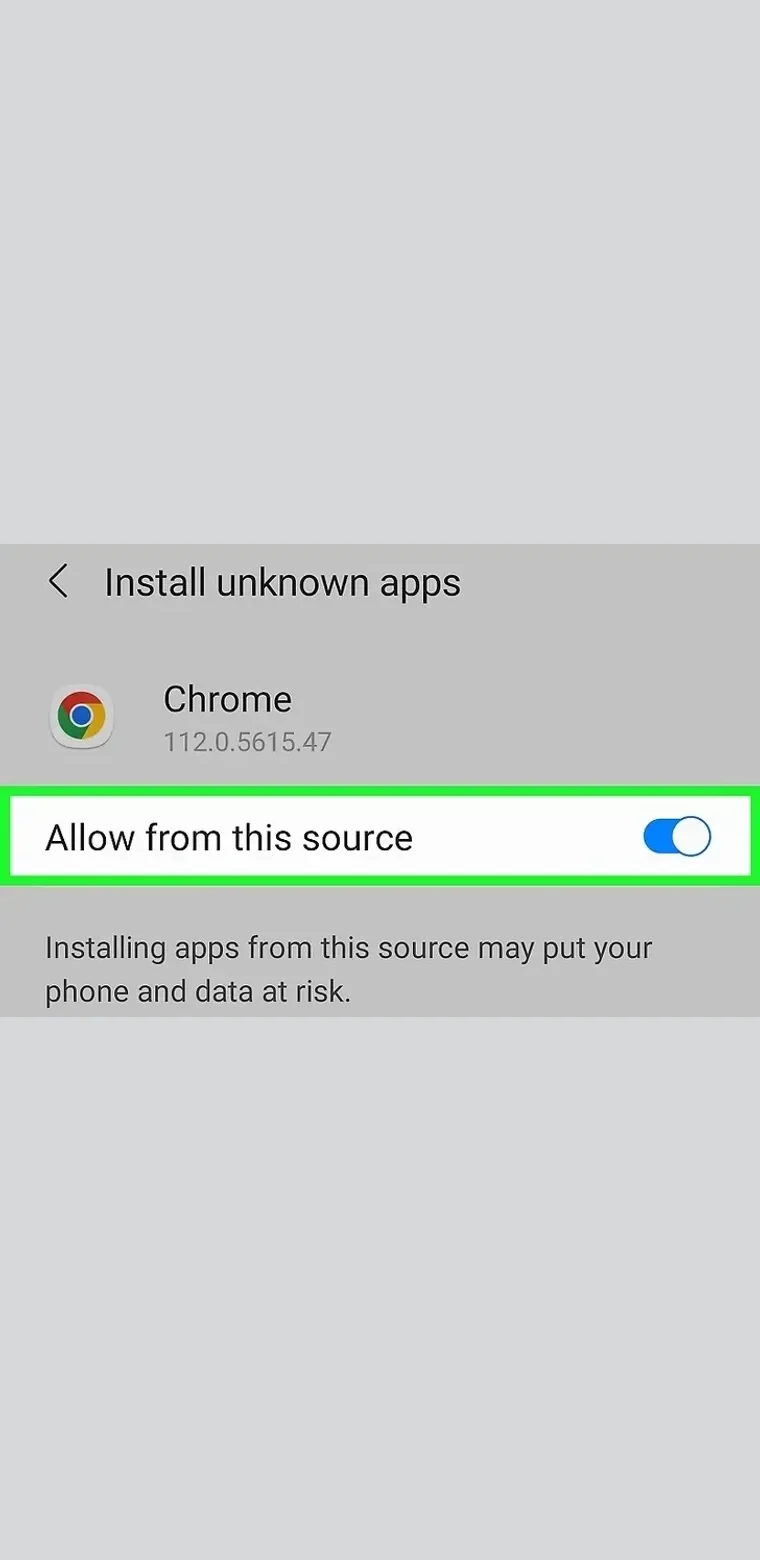 Android “Install unknown apps” setting with “Allow from this source” turned on for the browser.