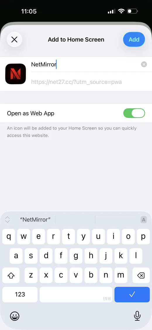 Add to Home Screen dialog with Open as Web App enabled.