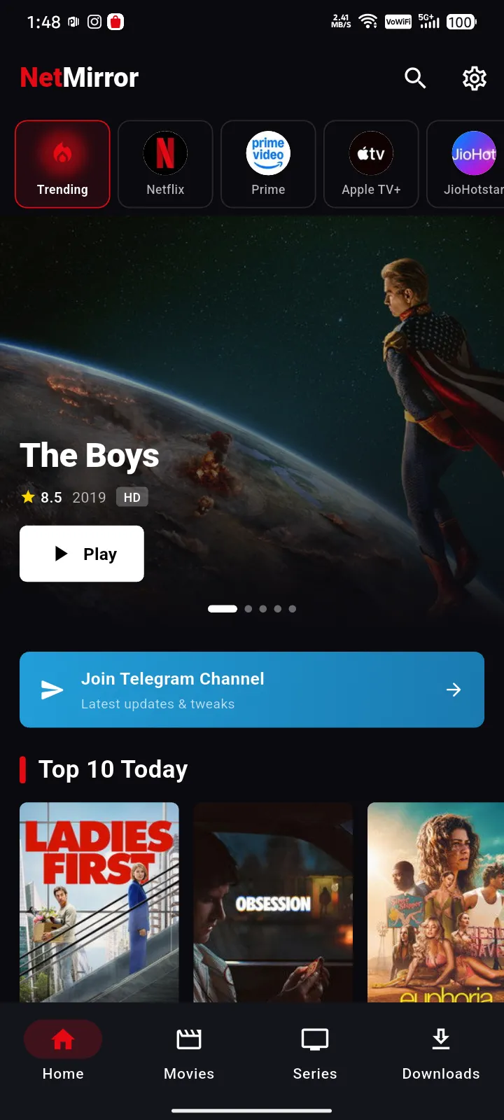 NetMirror Android app home screen showing the trending banner and Top 10 rail.
