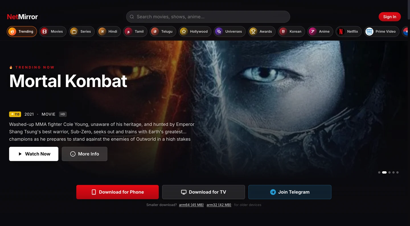 NetMirror on a TV — Mortal Kombat featured with a provider chip row and Download for TV button.