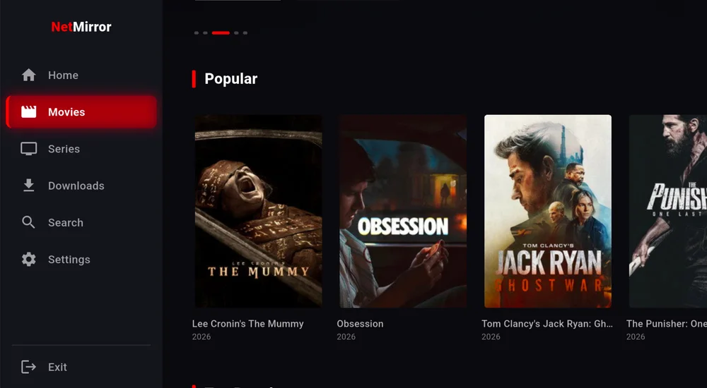 NetMirror TV Movies tab with Popular and Top Rated rows of posters.