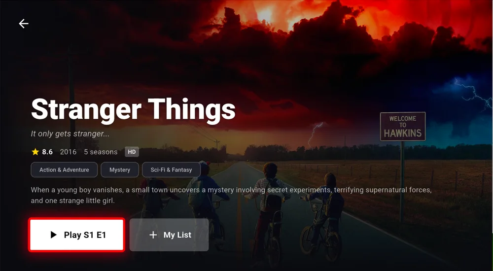 NetMirror TV title page for Stranger Things with rating, seasons, genres and episodes.