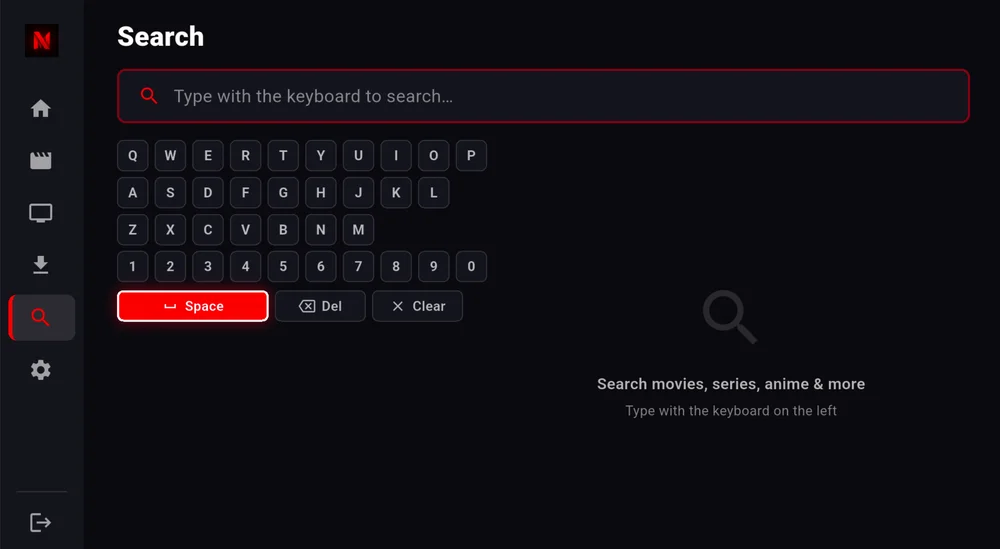 NetMirror TV search screen with an on-screen keyboard.