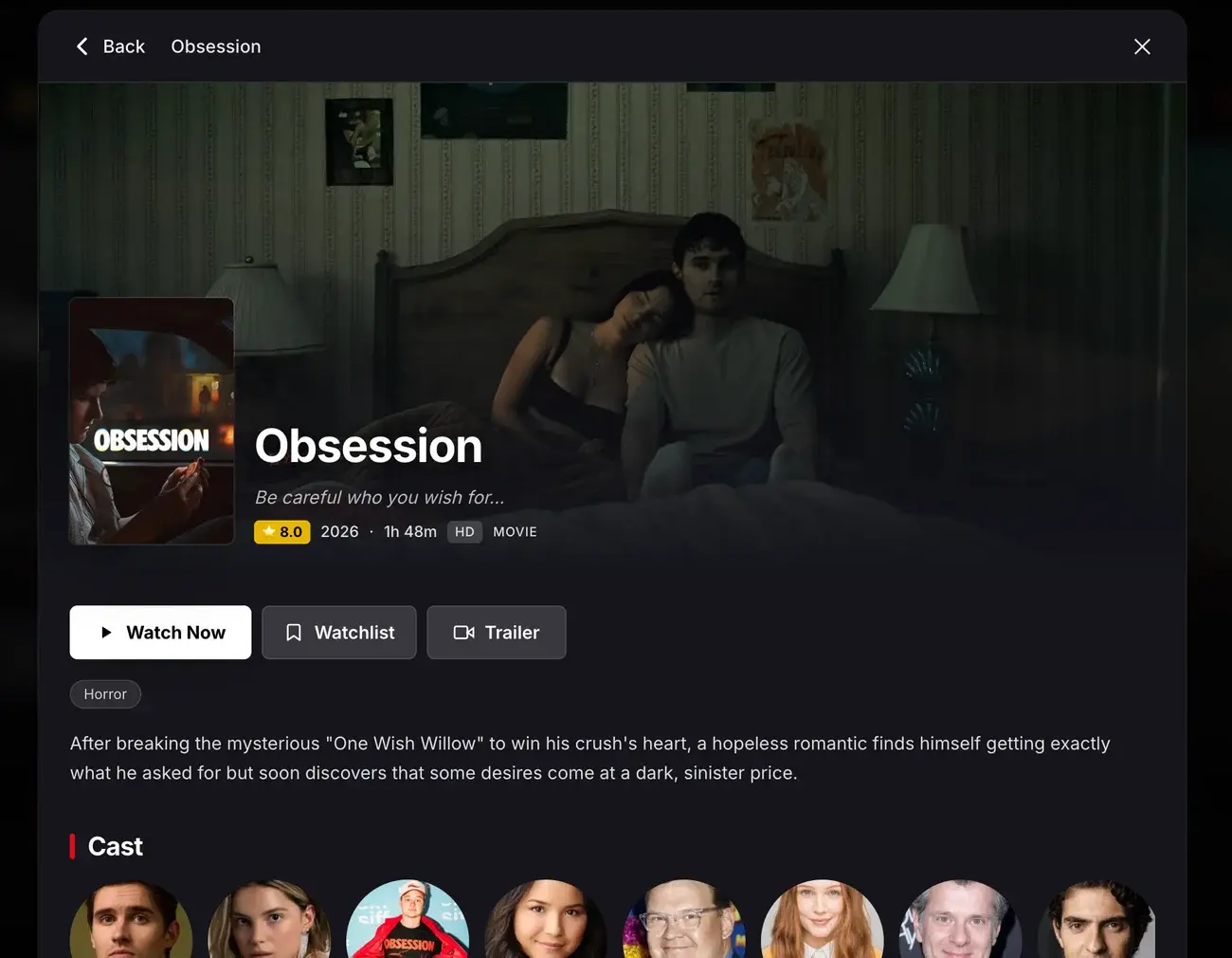 NetMirror Web title page for Obsession — rating, runtime, genre, synopsis, cast and Watch Now, Watchlist and Trailer buttons.