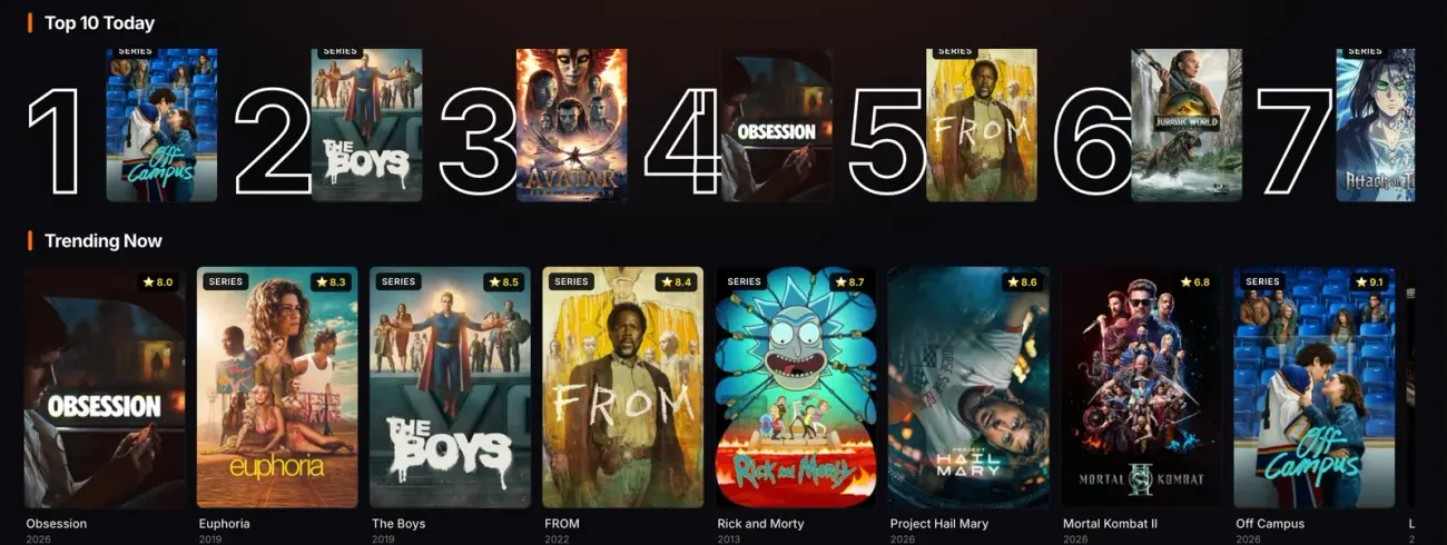 NetMirror Web home screen — the Top 10 Today row with ranked numbers and the Trending Now row of posters.